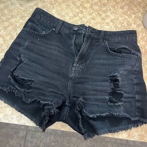 High rise black distressed denim shorts